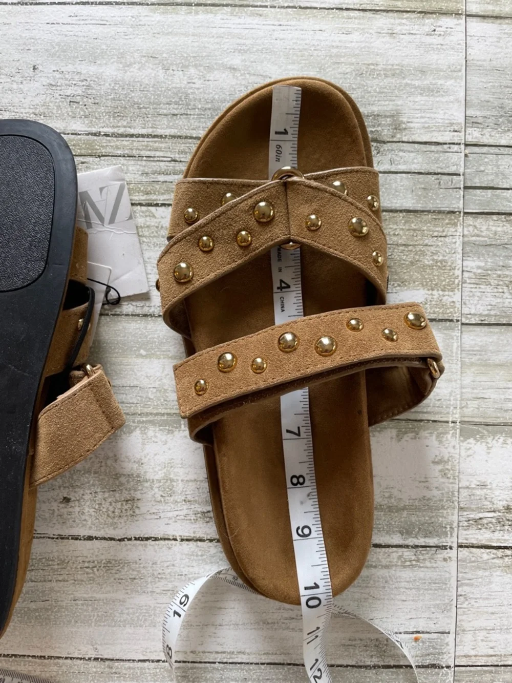 Zara Tan Studded Double-Strap Slide Sandals - Picture 6 of 7